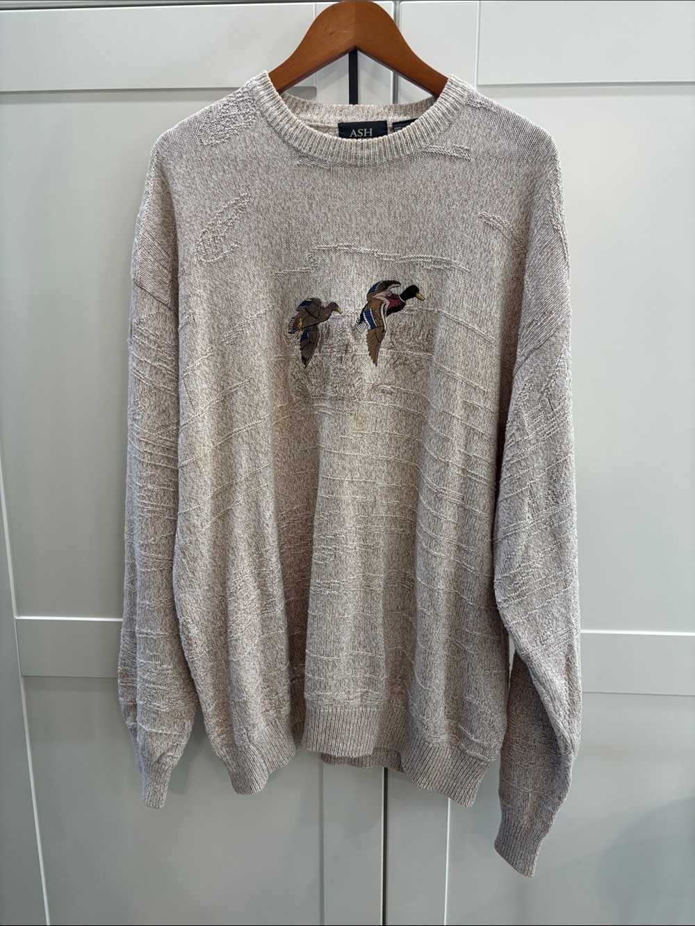 100% cotton Ashcreek Trading Beige Crewneck Sweater with Embroidered Duck Motif